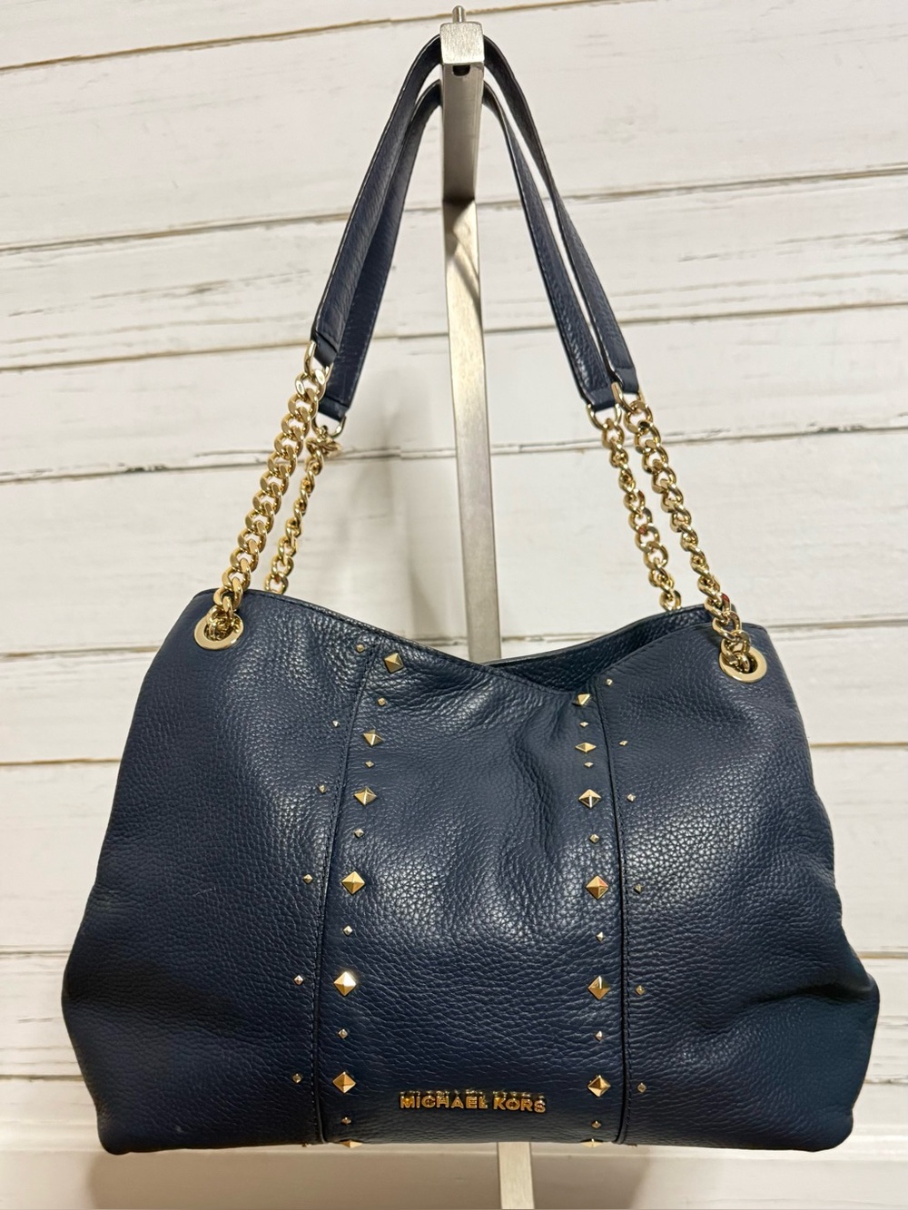 Michael Kors Navy Blue Pebbled Leather Studded Shoulder Bag